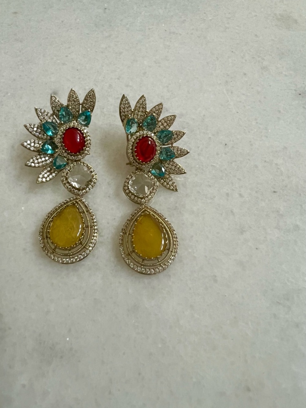 Vibrant Multi-Gem Teardrop Earrings - Yellow, Red & Teal